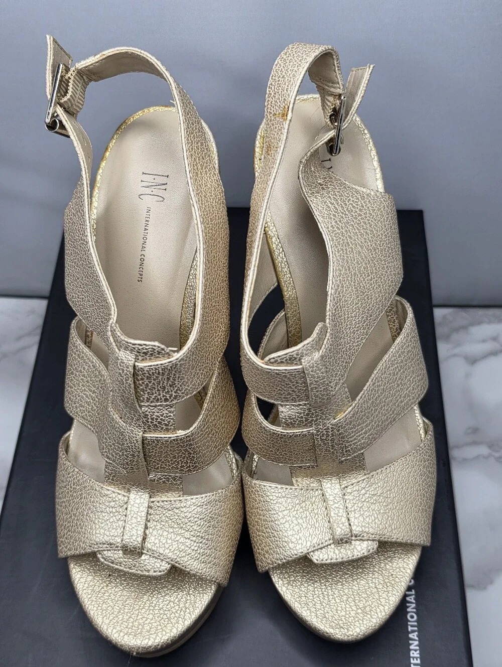 INC International Concepts metallic gold strappy platform wedge sandals 7.5